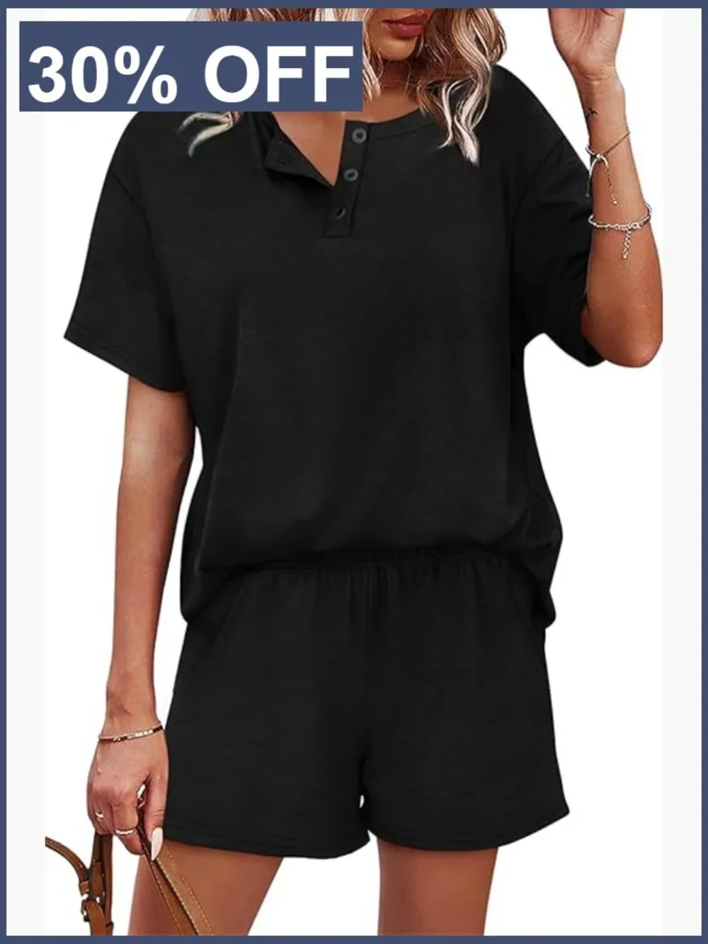 Women's 2 Piece Lounge Set Short Sleeve Top Shorts Pockets Lightweight